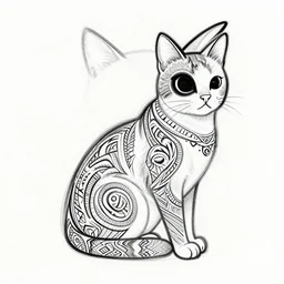 { { tattoo sketch } } }, cat, { { without eye } }, draft, polinesian { ornament }, line art, vector