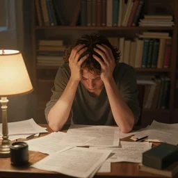 person struggling, embracing head in own hands, dutch angle, close up, person in the center of frame, digital painting, cozy environment, intricate composition, wide lens, 1 7 mm, front view, bookshelves on background, papers on table, cozy lighting, table lamp, dramatic expression, cinematic composition, chaos on table