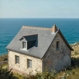 a typical european house with a slate roof, under the sea, scenic view, matte painting by christophe vacher and hubert robert, trending on artstation