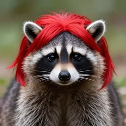 raccoon wearing bright red wig, photo, detailed, 4 k