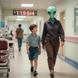 color film still of a boy and a mother walking in the hospital, alien ( 1 9 8 4 ).
