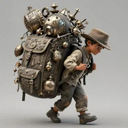 a tinker carrying a way too havy backpack, full of trinkets. intricate, elegant, highly detailed, digital painting, artstation, concept art, sharp focus, illustration, by justin gerard and artgerm, 8 k