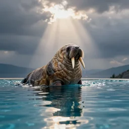 a walrus bathing in a peaceful reflecting infinity pool, photo