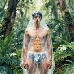 a lonely fit toned asian male draped in clear iridescent cloth, face show no emotion, standing inside a tropical forest, by sung choi by john kirby artgerm and greg rutkowski by ivan shishkin, octane render, unreal engine, watercolor, telephoto, 8 k, natural lighting, in a symbolic and meaningful style
