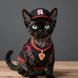 high quality photograph of a black furred devon rex purebred cat dressed up like a 9 0 s gangster rapper