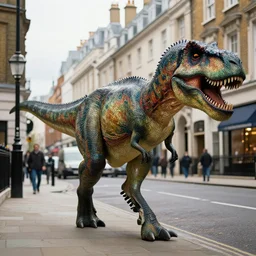 a tyrannosaurus rex walking through the streets of london in the style of van gogh