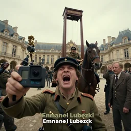 a closeup gopro photograph of a screaming soldier liberating of the bastille in the french revolution. by emmanuel lubezki and yorgos lanthimos. wide lens. horse height. french palace. sqare. guillotine. award winning photo 4 0 0 iso. cinematic. hollywood. dop. movie.