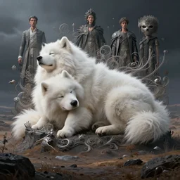 giant sleeping ( ( ( ( samoyed ) ) ) ) creature creature in a tundra landscape, dramatic lighting, moody : : by michal karcz, daniel merriam, victo ngai and guillermo del toro : : ornate, dynamic, particulate, intricate, elegant, highly detailed, centered, artstation, smooth, sharp focus, octane render, 3 d