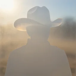 transparent siluette of a cowboy. transperent screen - printed on top of a photo. sun - bleached highlights. sanded surface. scratches on the surface soft colors