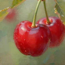 beautiful aesthetic inspirational digital oil painting of a close - up cherry, by greg rutkowski, trending on artstation, volumetric light.