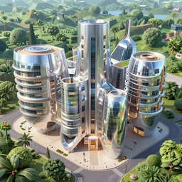 highly detailed futuristic architecture by Frank Gehry, in the style of pixar animation, floating buildings, reflective lighting, empty streetscapes, surrounded by lush green vegetation, ground-level view, puddles of water, stunning sunny lighting, sunrise, vivid colors, trending on Artstation, 8k, ray tracing, hyper detailed, unreal engine 5, cinematic, epic lighting, cryengine, octane render, cyberpunk, red and orange glow, vibrant