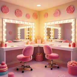 a colorful theater dressing room made of candy