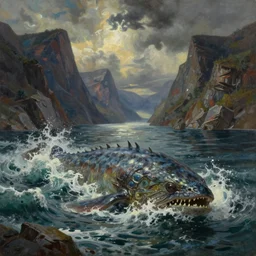 ominous fjord, waves, submerged creature, extremely detailed oil painting, unreal 5 render, rhads, sargent and leyendecker, savrasov levitan polenov, bruce pennington, studio ghibli, tim hildebrandt, digital art, landscape painting, octane render, beautiful composition, trending on artstation, award winning photograph, masterpiece