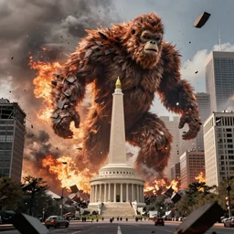giant bigfoot destroying washington dc, debris and fire, collapsed buildings, monster, hyperdetailed, artstation, cgsociety, 8 k
