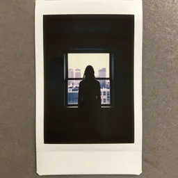 single shot, full shot, a dimly lit room, silhouette of eerie figure against the window, city skyline view from window, spooky 7 0 s polaroid, ralph horsley, tyler edlin, johannes helgeson,