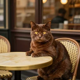 brown cat with yellow eyes is sitting at table in a cafe at paris in early 2 0 th century. atmospheric feeling, warm colours, brown colours, yellow colours, epic scene, cinematic, very detailed, hd, trending on artstation