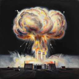 painting of an Atomic explosion visible from space, pastel colored explosion, muted colours, matte black paper, ultra detailed, wide shot, stylized