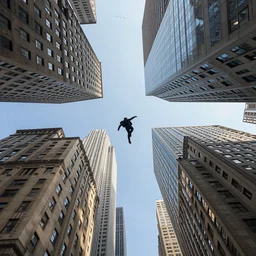 photo, 5 0 mm, first person view, flying between sky scrapers in mew york city
