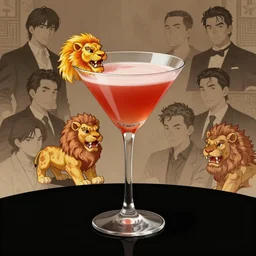 a traditional lion's tail coctail in a martini glass on a black table, 4 k digital illustration by artgerm, wlop, james jean, andrei riabovitchev, marc simonetti, yoshitaka amano, artstation, cgsociety