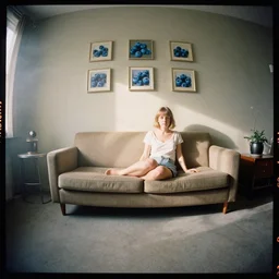 kodak portra 4 0 0, wetplate, 8 mm extreme fisheye, award - winning colour portrait by britt marling : a sunlit 1 9 6 0 s room, 1 9 6 0 s couch, blueberry, square square picture frames, haze, concrete, 1 9 6 0 s metal furniture, smoke, fog, no people