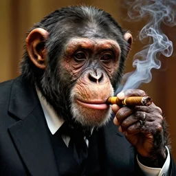 a high detail closeup photograph of a chimpanze wearing a suit 👔,and smoking a cigarrette🚬, award wining photograph, digital art