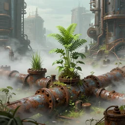 plants growing out of old rusty pipes in a futuristic city, ground covored in mist, detailed steampunk illustration