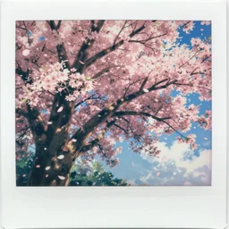 analog polaroid of a blossom tree, petals falling, light blue sky, color bleed, studio ghibli style pastel colors