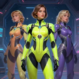 Good looking  young  women wearing neon coloured armour suits in a space station, elegant, intricate, retrofuturistic digital painting, artstation, concept art, smooth, sharp focus, illustration, art by artgerm and greg rutkowski and alphonse mucha
