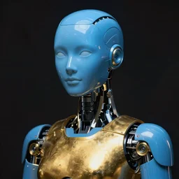 a portrait of a cold, smooth, blue robot with only eyes, golden armor on the torso, studio lighting