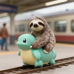 a sloth riding a squirtle in a train station, 3 5 mm photograph