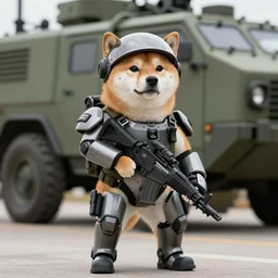 anthropomorphic shiba inu, wearing s. t. a. l. k. e. r. freedom exoskeleton without helmet, with rifle in hands, standing near himars, still