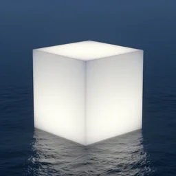 a glowing cube in the middle of the sea in the style of richard serra