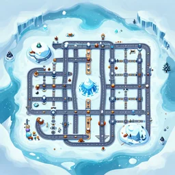 a tower defense level, ice, north pole, 2d, waterway, top down perspective, art