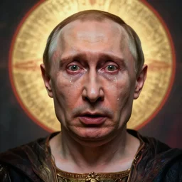 shocked face of putin demon, leonardo da vinci, hell, tears, hyper - realistic, sharp focus, depth of field, hyper - detailed visionary art, symmetric, hell, holy halo, dramatic ambient lighting, high detail, vibrant colors, the thing 1 9 8 2
