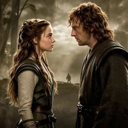 side view of miranda otto as eowyn, facing liam neeson as jedi qui - gon jinn, lord of the rings movie poster