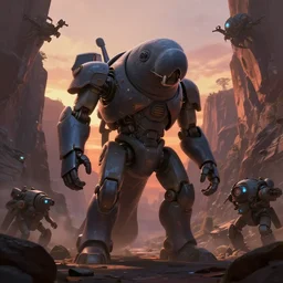 epic low angle shot of a giant manatee mech standing in a canyon landscape surrounded by machines, sunset, greg rutkowski, digital painting, moody