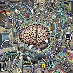 a brain floats inside an office, Ethernet cables, computer motherboards, hypnotic psychedelic fairypunk, horror, scary, dark, magic surrealism