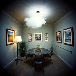 kodak portra 4 0 0, wetplate, 8 mm extreme fisheye, award - winning colour portrait by britt marling : a 1 9 6 0 s room, blueberry, square square picture frames, concrete, shining lamps, 1 9 6 0 s metal furniture, smoke cloud, no people