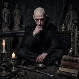 dark night portrait f / 1. 4 of a thin neurotic forty two year old british man vampire feeling confidant in a cluttered room full of ancient artifacts ( bald ) dark dusty statues runes arcane instruments candlesticks drapery ritual bloody knife books atmospheric hdr