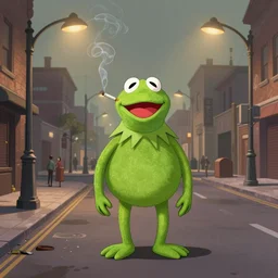 a study of cell shaded cartoon of an obese kermit smoking a cigarette on a city street, street lamps, road, illustration, wide shot, subtle colors, post grunge, concept art by josan gonzales and wlop, by james jean, Victo ngai, David Rubín, Mike Mignola, Laurie Greasley, highly detailed, sharp focus, Trending on Artstation, HQ, deviantart, art by artgem
