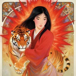 portrait of mulan, tiger, red spike aura in motion, floating pieces, painted art by tsuyoshi nagano, greg rutkowski, artgerm, alphonse mucha, spike painting