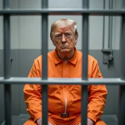 photo of bald donald trump shaved head no hair!!! no hair!!! sitting in a jail cell wearing an orange jumpsuit, defocused bars in the foreground, 8 k, 8 5 mm f 1. 8
