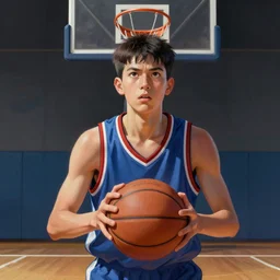 portrait of a boy at a basketball court playing basketball wearing a basketball jersey in a basketball court standing near the basketball hoop, intense emotion, detailed facial expression, detailed surroundings, intricate, elegant, highly detailed, centered, digital painting, artstation, concept art, smooth, sharp focus, illustration, by (Michelangelo), WLOP