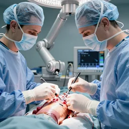 a closeup view of an organ transplant in an operating room with robotic surgeons , photorealistic,by Wlop,4k resolution
