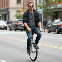 Chris Evans riding a unicycle and looking very happy by leyendecker