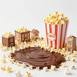 A town made out of food with popcorn rain and chocolate ponds, in the style of Charlie and The Chocolate Factory, cgsociety