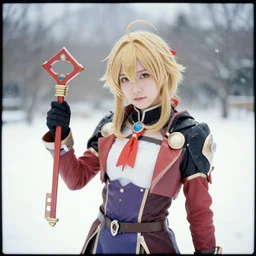 of sora cosplay holding keyblade with snow background 35mm