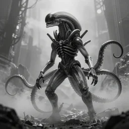 nautilus with extra tentacles prometheus movie monster, xenomorph, highly detailed background, black and white, haze,