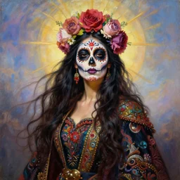portrait oil painting, a beautiful woman, floral headdress, flowers, dia de los muertos makeup, long flowing dark hair, ornate robe, ultra realistic, wide angle, intricate details, artifacts, luminous skies, highly detailed, michael cheval, peter mohrbacher, boris vallejo, jessica rossier, oil painting, highly detailed, cinematic lighting