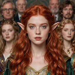 alluring highly detailed close-up portrait of beautiful elf girl with red hair wearing a fantasy outfit, very detailed, realistic, by Stanley Artgerm Lau, greg rutkowski, thomas kindkade, alphonse mucha, loish, norman rockwell J.